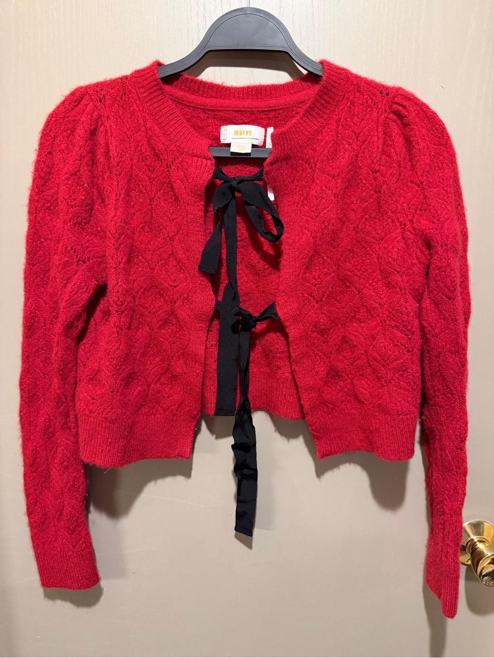 Maeve 100% Cashmere Red Cable Knit Tie-Front Cardigan